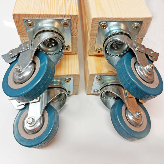 Strong braked swivel castor wheels fitted to your workbench legs