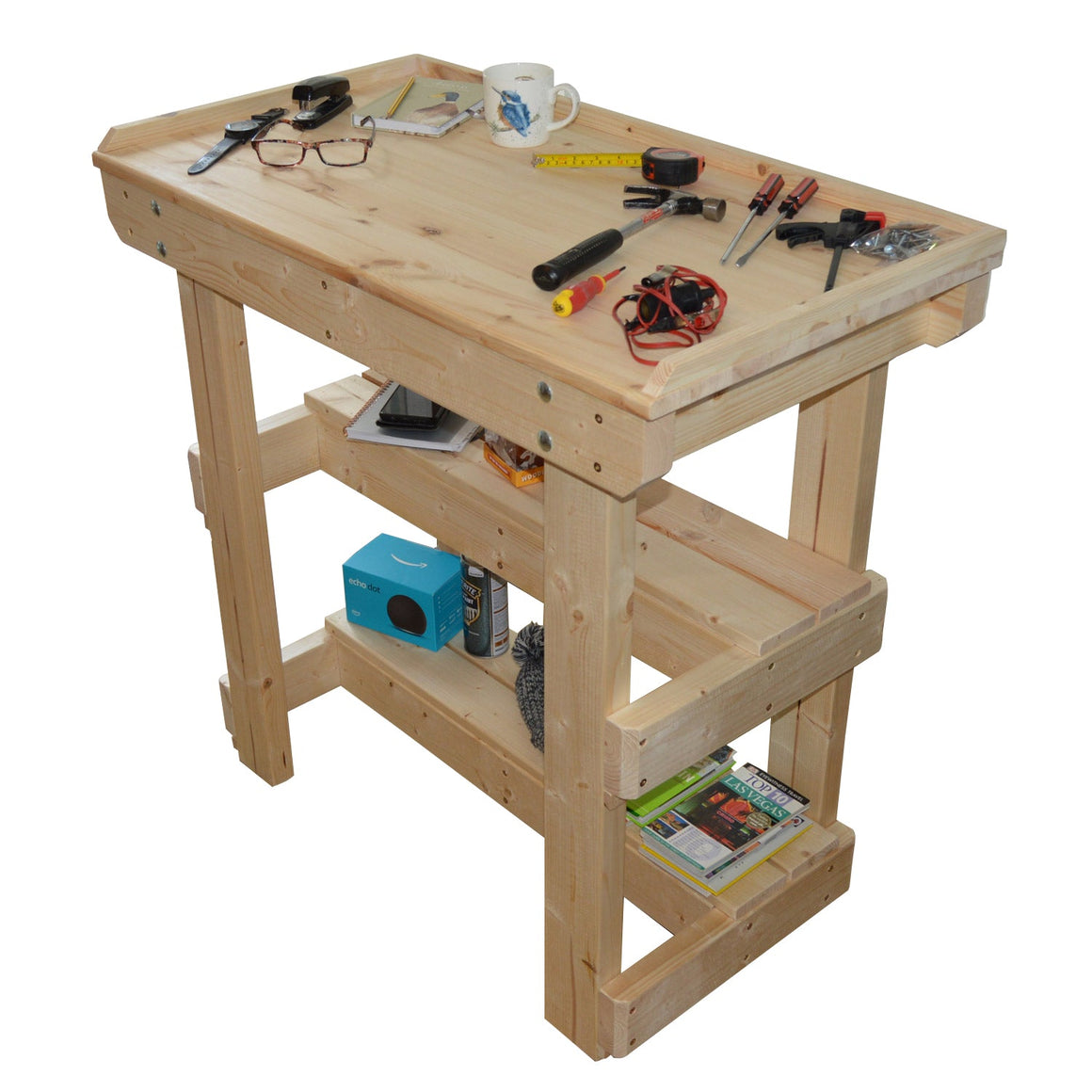 Sit down crafting workbench with worktop lip